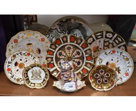 A Royal Crown Derby paperweight, Cat, gold stopper; other Royal Crown Derby, including 1128 Imari solid gold band pattern pet