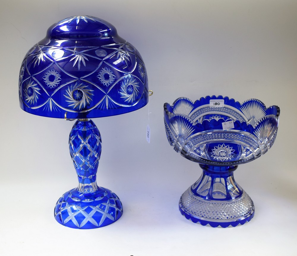 A cut glass lamp, domed shade, Bristol blue over clear glass, 48.5cm