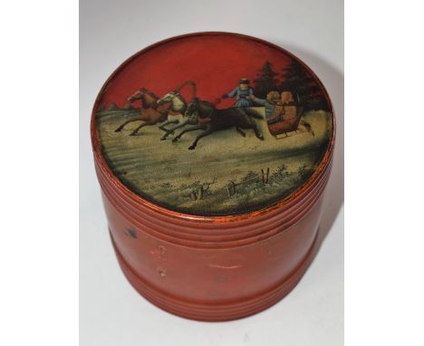 A Russian lacquer tobacco barrel, push-fitting cover painted with a sledge, 11cm high, c.1900