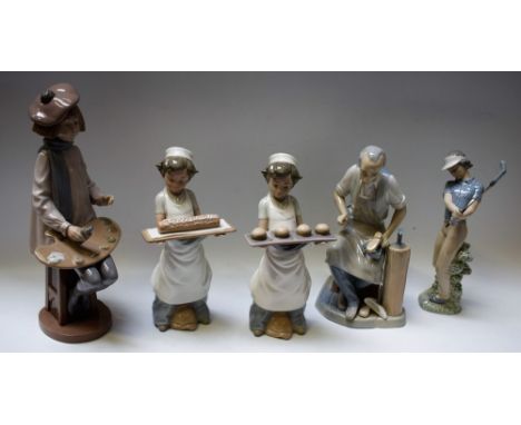 A Nao figure, Baker; others, similar, Cake Maker, Golfer and Artist, impressed and printed marks, 33cm high and smaller; a si
