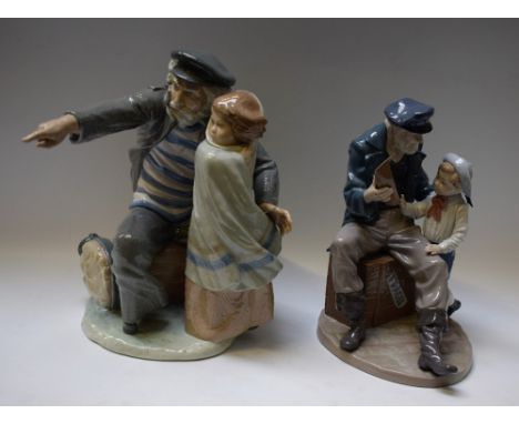 A Lladro figure group, sailor and boy with boat, A Tall Yarn, no.5207; a similar Nao figure, larger, 31.5cm (2)