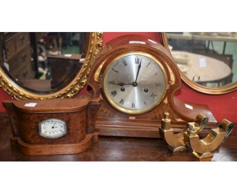 An Art Nouveau mahogany and marquetry Napoleon mantel clock, 14.5cm silvered dial inscribed with Roman numerals, twin-winding