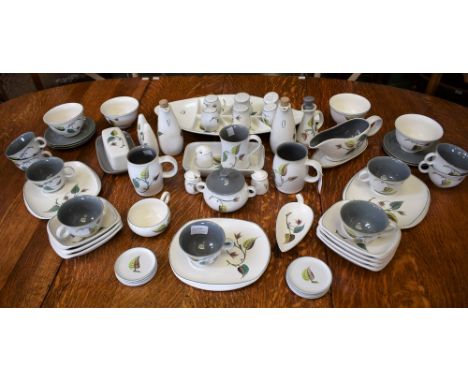 An unusual Bourne Denby fish shaped hors d'oeuvre dish, painted with autumnal leaves, other similar dinner and tea ware, desi
