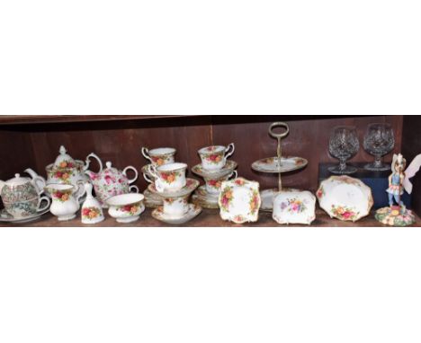 A Royal Albert Old Country Roses pattern tea set, for six, comprising teapot, cups, saucer, side plates, two tier cake stand,