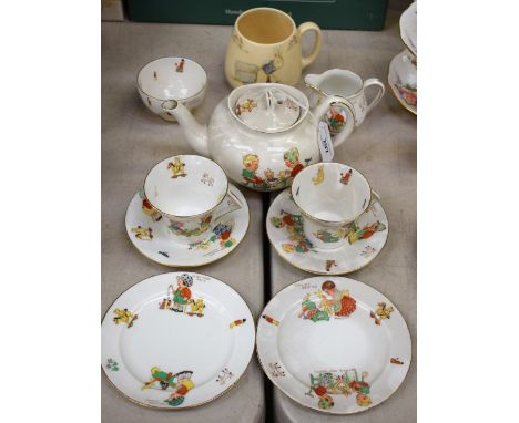 An Art Deco Colclough nursery ware tete-a-tete; a similar J &amp; G Meakin teapot; a Royal Doulton Bunnykins cup