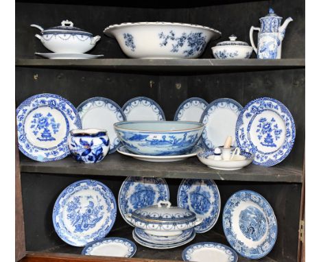 A large Chinese blue and white bowl, six character mark, late 19th century; a Worcester blue and white dish, 19th century; a 