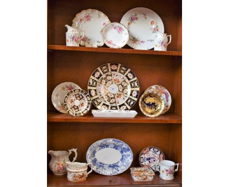 A Royal Crown Derby 2451 Imari pattern dinner plate; a smaller dished plate, similar; other plates, various, patterns include