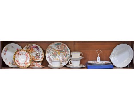 A Royal Crown Derby Posies pattern two tier cake stand; a similar bread and butter plate; three Royal Crown Derby Carlton Blu