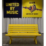 Bright yellow wooden bench from the Semi Final 1 performance from Malta of 'Dance (Your own Party)'