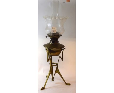 A Benson style brass oil lamp, with etched glass shade, 66 cm high