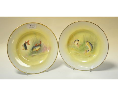 A Royal Worcester porcelain plate, with painted decoration, Roach, signed E R Booth, and another, Brown Trout, each 20 cm dia