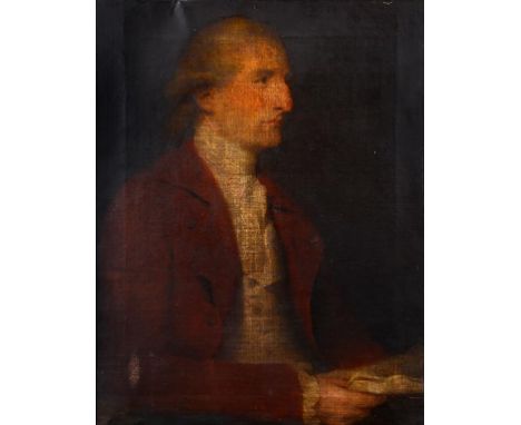 English school, 18th century, a half length portrait of a gentleman wearing a red coat, oil on canvas, 72 x 56 cm  See illust