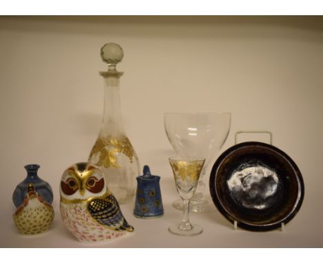 A Royal Crown Derby paperweight, Tawny Owl, another, Jenny Wren, a silver coloured metal overlaid decanter and associated sto