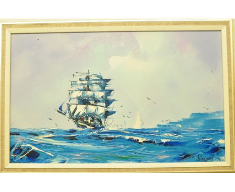 George R Deakins, a ship on stormy seas, oil on board, signed and dated 79, labels verso,  31 x 51 cm, and another by the sam