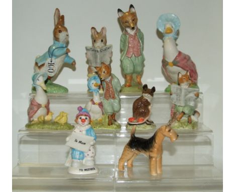 A Beswick Beatrix Potter figure, Jemima and her Ducklings, BP-10a, two Royal Albert figures, Tailor of Gloucester and Foxy Wh