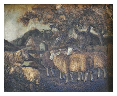 An early 19th century sand picture, sheep by a gate, 28 x 35 cm  See illustration
