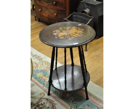 A mahogany two tier circular occasional table, with marquetry decoration, 56 cm wide, a dressing chest, a Chinese carved trun