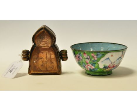 A copper reliquary box, 9 cm high, and a Cantonese enamel bowl (a.f.) (2)