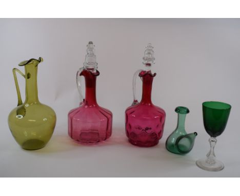 A cranberry glass decanter, 27 cm high, two others, assorted glasses and glassware (2 boxes) 