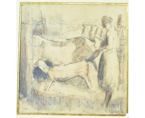R Dugas, L'etable, mixed media on paper, signed, 12 x 12 cm