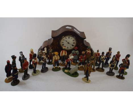An inlaid mahogany mantel clock, Danbury Mint soldiers, postcards and other items (box)