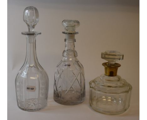 A bell shaped cut glass decanter, 30 cm high, and other assorted decanters (box)