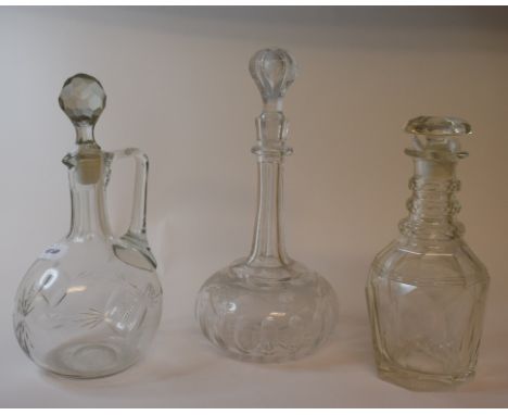 An etched glass decanter, decorated the grape and vine, 31 cm high, and other assorted decanters (box)