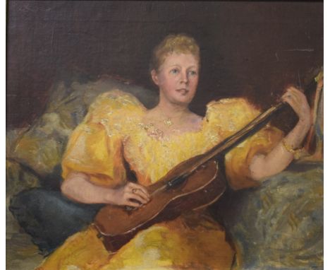 Continental school, 19th century, a lady seated playing the classical guitar, oil on canvas, 30 x 34 cm Condition report Repo