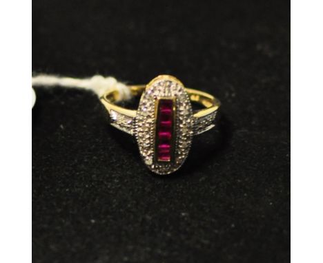 An Art Deco style 9ct gold, ruby and diamond ring, approx. ring size M½