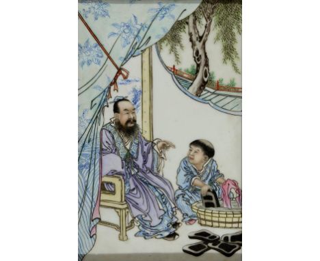 A Chinese porcelain panel, decorated a figure and attendant in enamel colours, 20 x 12.5 cm, in an oak frame  See illustratio