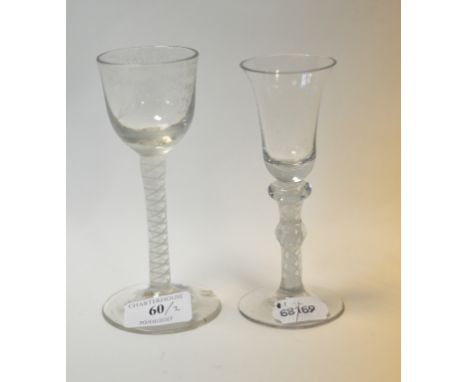 A wine glass, on a double cotton twist stem, the bowl etched Henrietta Maria Ann Senior Born January 5th 1837, 15 cm high, an