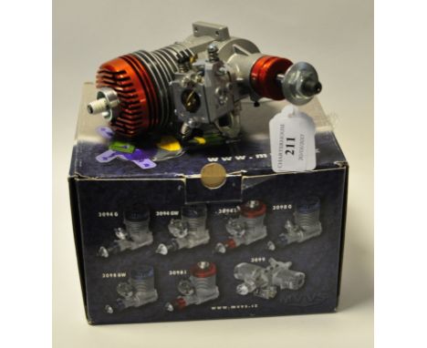 A MVVS 26cc two stroke glow plug petrol engine, IFS-RC, catalogue number 30941, with electronic ignition and a second hand si
