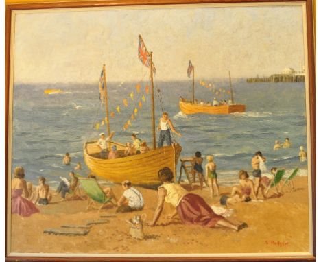 S R Rodger, The British Ardour Unloading at Hambel Refineries, oil on canvas, signed, 62 x 75 cm, and two others by the same,