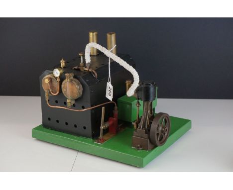 Scratch built stationary steam engine with twin boiler, wooden base 32cm x 25cm 