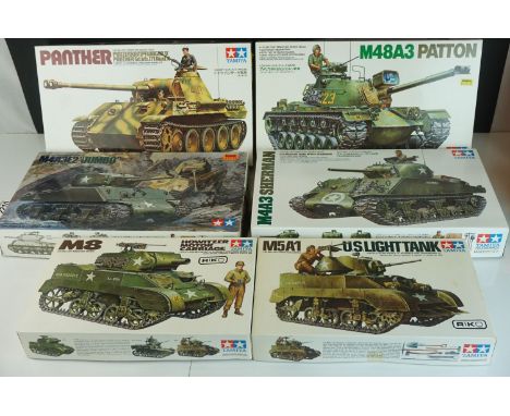 Six boxed Tamiya plastic unbuilt model kits to include M5A1 US. Light Tank, M48A3 Patton, M4A3 Sherman, Pantherm M8 Howitzer 