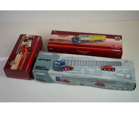 Three boxed Corgi 1:50 scale diecast models to include  CC10310 AEC Turntable Ladder, Haulers of Renown CC14018 Volvo FH12 Op