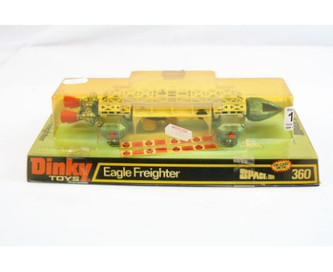 Boxed Dinky 360 Space 1999 Eagle Freighter diecast model, appears unremoved from box, box excellent with discoloured window 