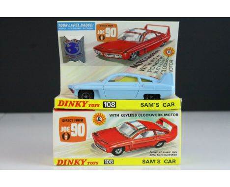 Boxed Dinky 108 Joe 90 Sam's Car diecast model in pale blue, with inner display stand, lapel badge and instructions, diecast 