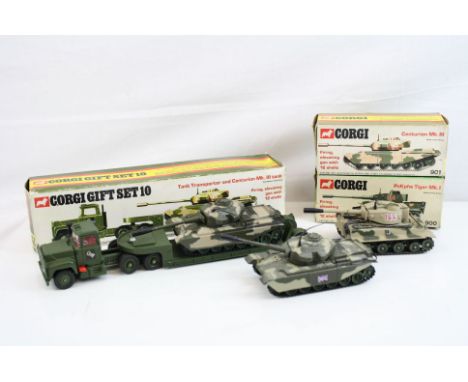 Three boxed Corgi military diecast models to include 901 Centurion mk II (with missiles), 900 PzKpw Tiger mk I (with missiles