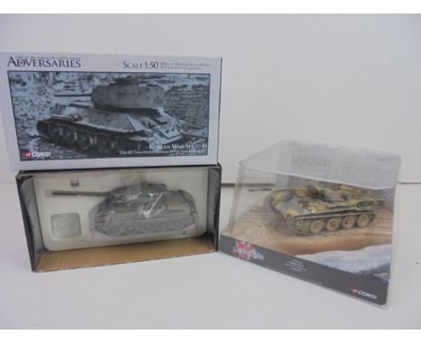 Boxed 1:50 Corgi adversaries T34/85 Tank (US 516010) and boxed 1:50 Corgi Legends Panther Ausf .F Regimental Command Tank (CC
