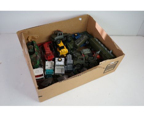 18 mid 20th C plays worn diecast models to include Dinky and Britains, features commercial, farming and military examples 