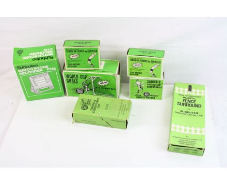 Subbuteo - Group of boxed accessories to include World Cup Goals, Match Score Recorder, Plastic Fence Surround, Throw-In Figu