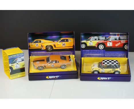 Two boxed ltd edn Scalextric slot cars to include C2485A Mini Cooper Challenger No 6 &amp; C2436A Ford Mustang No 15, both vg