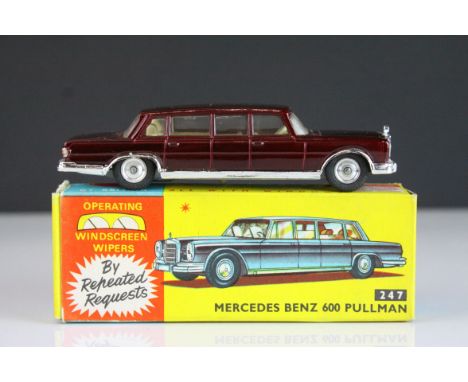 Boxed Corgi 247 Mercedes Benz 600 Pullman By Special Request diecast model in metallic maroon, excellent condition, with Corg