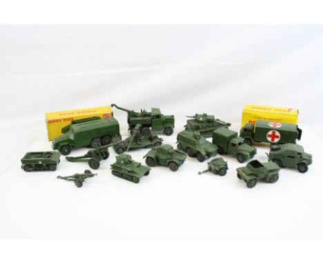 15 Dinky military diecast models to include boxed 677 Armoured Command Vehicle, boxed 626 Ambulance, others unboxed, some pla