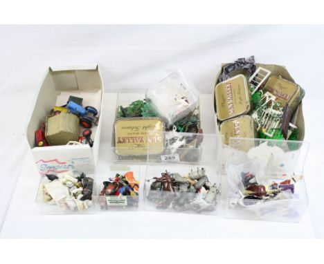 Good collection of mid 20th C Britains farm animals, figures and accessories, mainly metal with some plastic, also Dinky diec