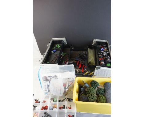 Warhammer scenery, paints &amp; tools, including a Citadel spray gun and a small selection of  figures. 
