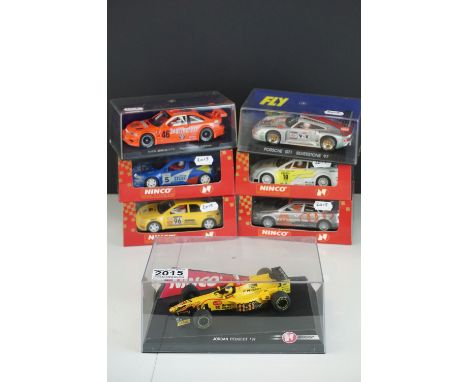 Seven cased / boxed slot cars to include 5 x Nimco (50172 Jordan 197 German Driver, 50128 Peugeot 306 Rallye CAT Alunya Costa