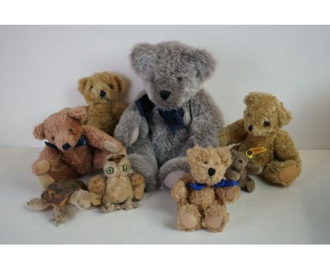 Eigth vintage soft toys to include 3 x Steiff miniatures, Salco Bear, Cheeky Chums Bear, 2 x Kenleys and an LJ Bears, good ov