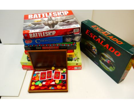 Nine board games to include MB Battleships, Chad Valley Escalado, Spears Scrabble, Matteo Scrabble, Waddingtons Monopoly etc 